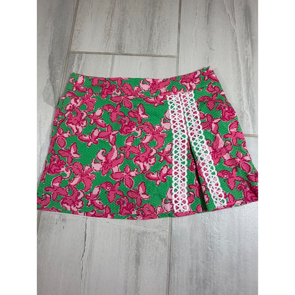 Lilly Pulitzer Pink Green Butterfly Floral Seersucker Skort Lace Trim Size 2